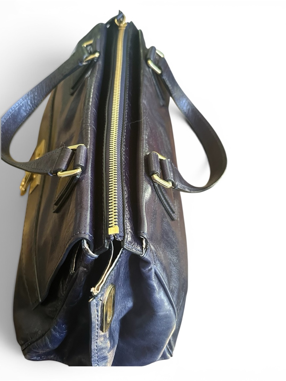 💙 Gianfranco Ferre Navy Leather Satchel Made Italy Gold Hardware - Picture 9 of 17